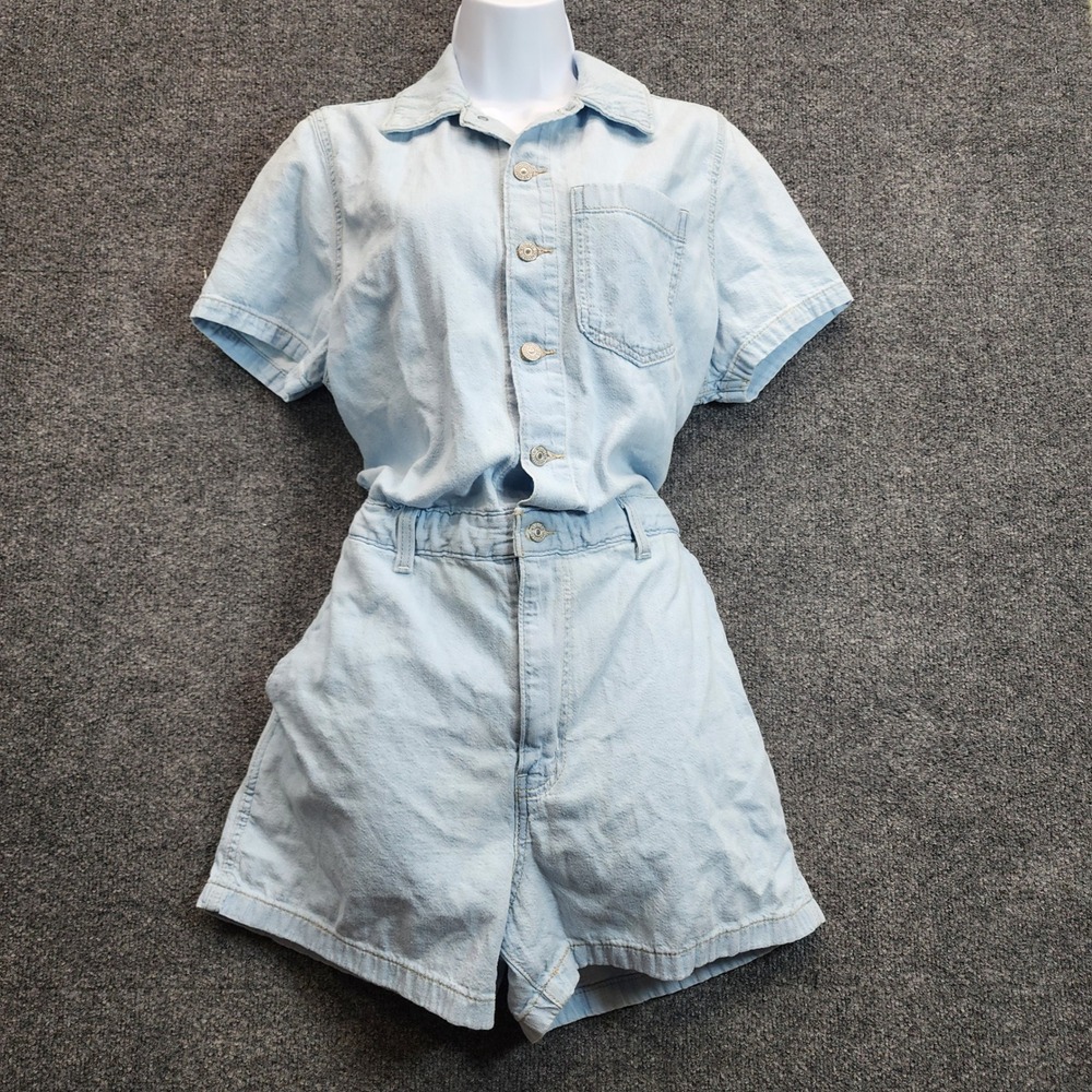 Levi's Women's Utility Denim Button Front Short Sleeve Romper Playsuit L Cotton - Picture 1 of 11